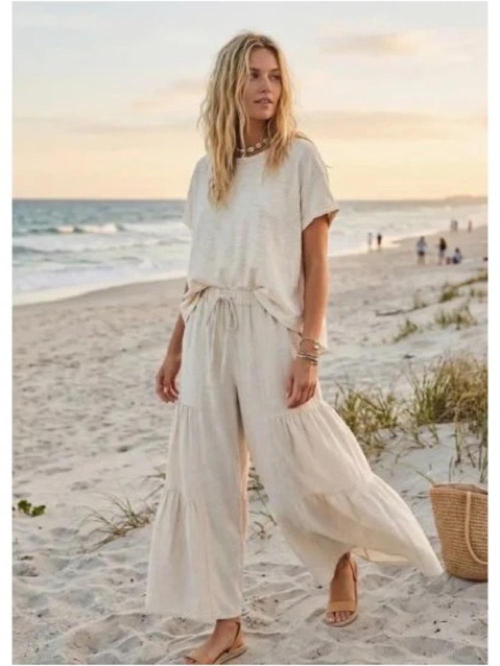 BRAND NEW WITH TAGS Natural Linen Blend Tiered Wide Leg Pants